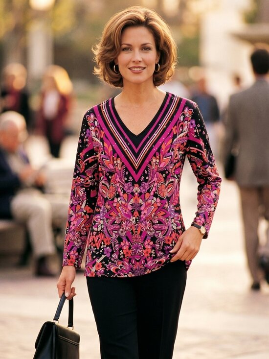 Bob Mackie Tops - Bob Mackie Womens 1X Wearable Art Top Pink Floral Rhinestone Retro Maximalist